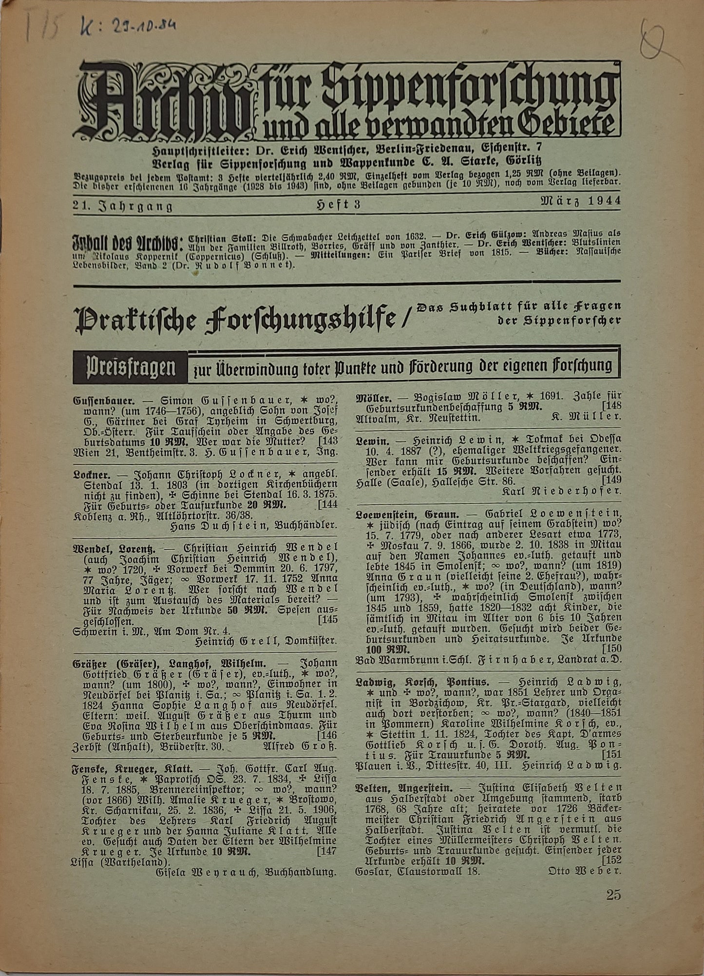 Archiv für Sippenforschung und alle verwandten Gebiete 1944 Kompletter Jahrgang (9 Hefte)