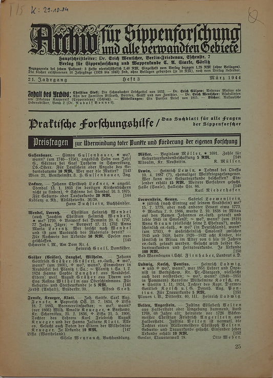 Archiv für Sippenforschung und alle verwandten Gebiete 1944 Kompletter Jahrgang (9 Hefte)
