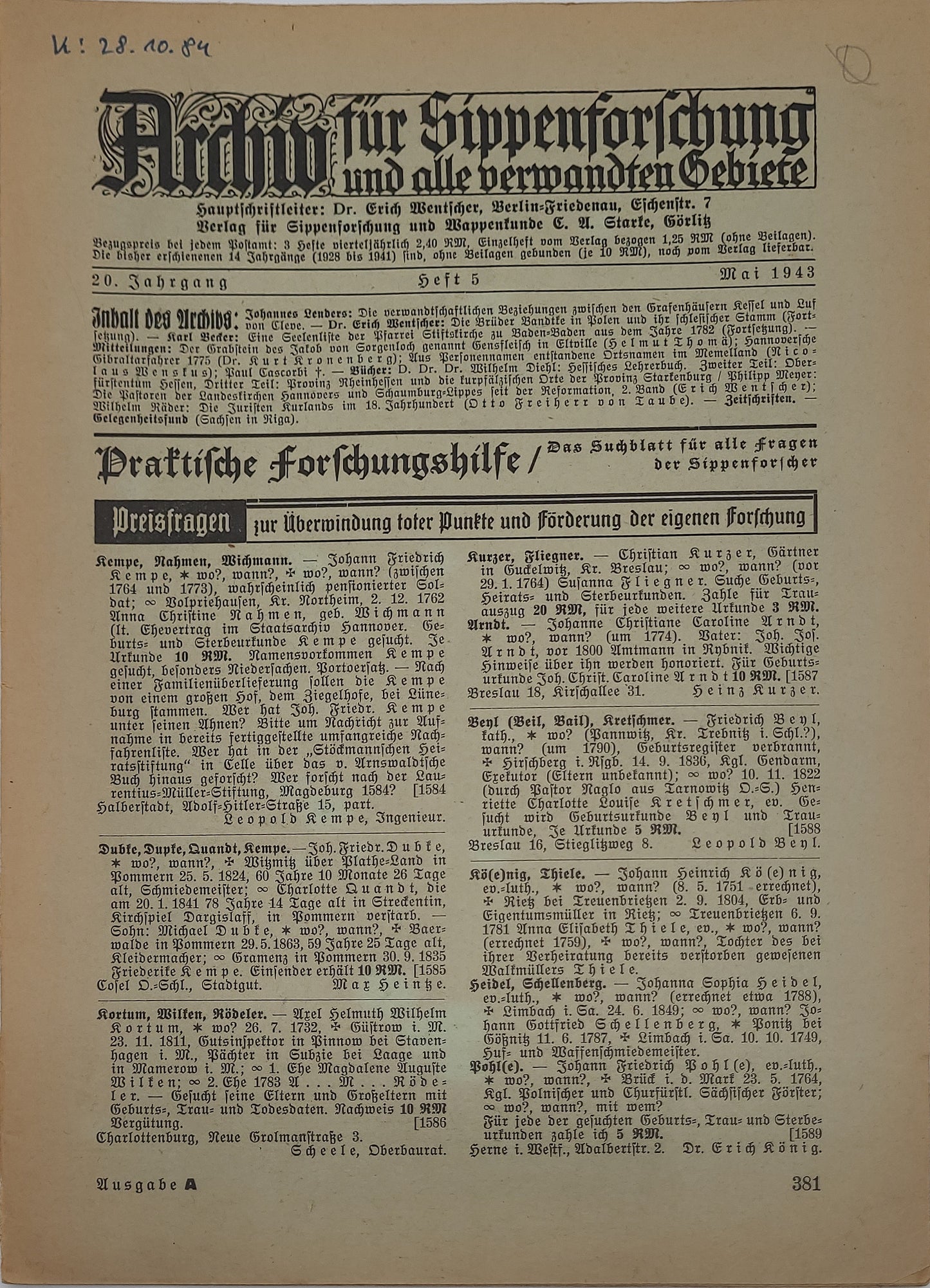 Archiv für Sippenforschung und alle verwandten Gebiete 1943 Kompletter Jahrgang (12 Hefte)