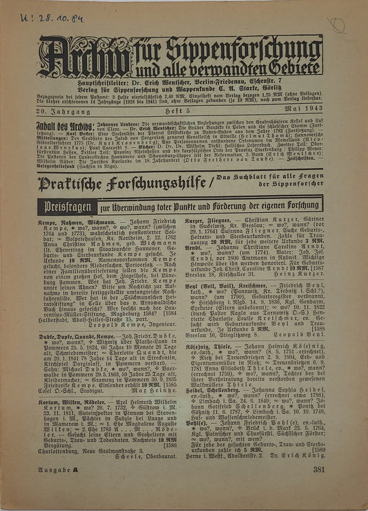 Archiv für Sippenforschung und alle verwandten Gebiete 1943 Kompletter Jahrgang (12 Hefte)
